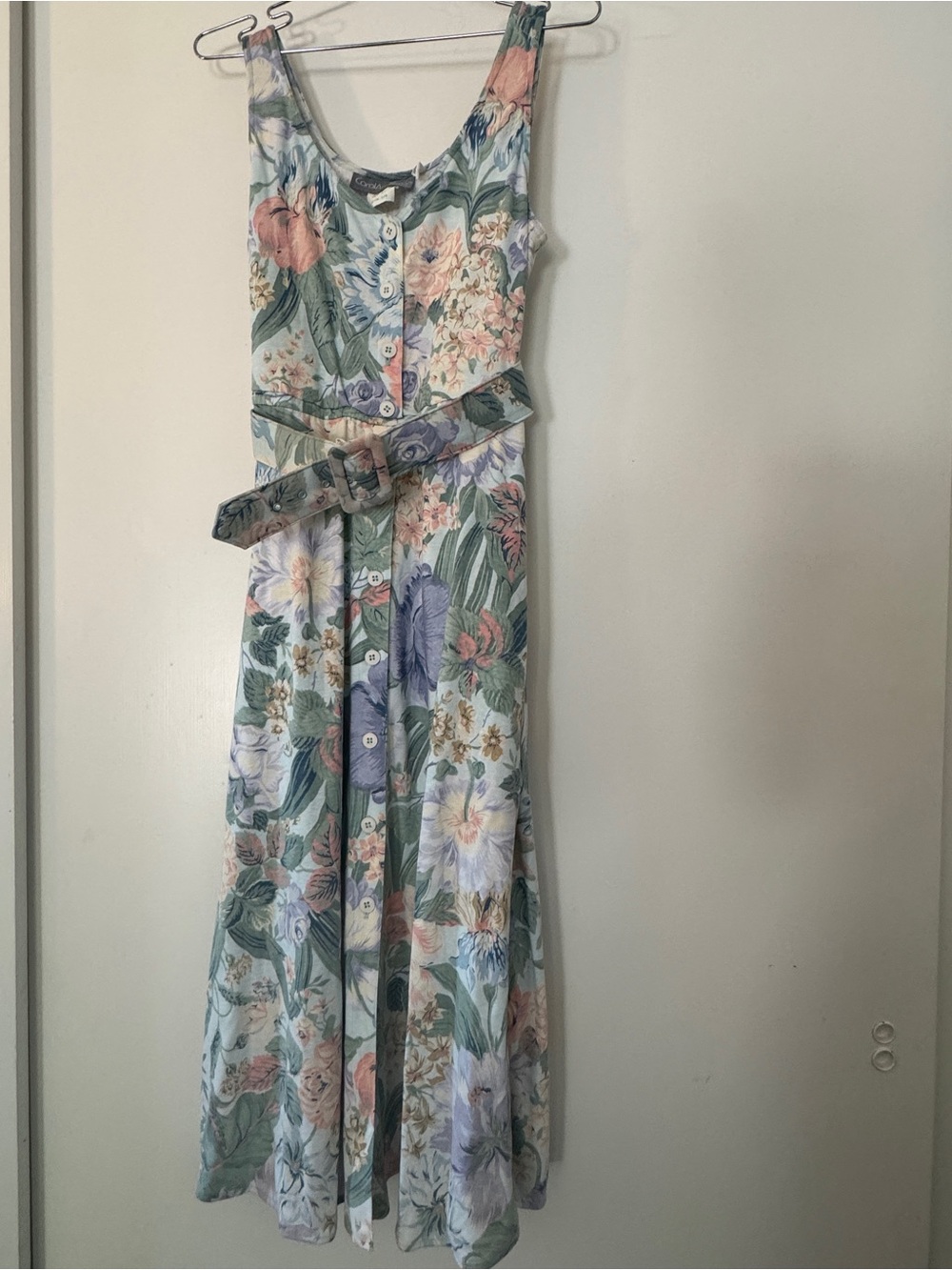 Vintage 80s Carol Anderson Multi Floral Button-Front Midi Dress w/ Belt Med